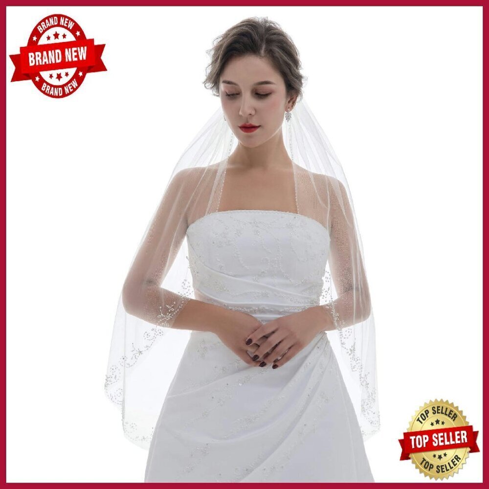 Fingertip Length Bridal Veil with Crystal Beads Floral Vine Leaf